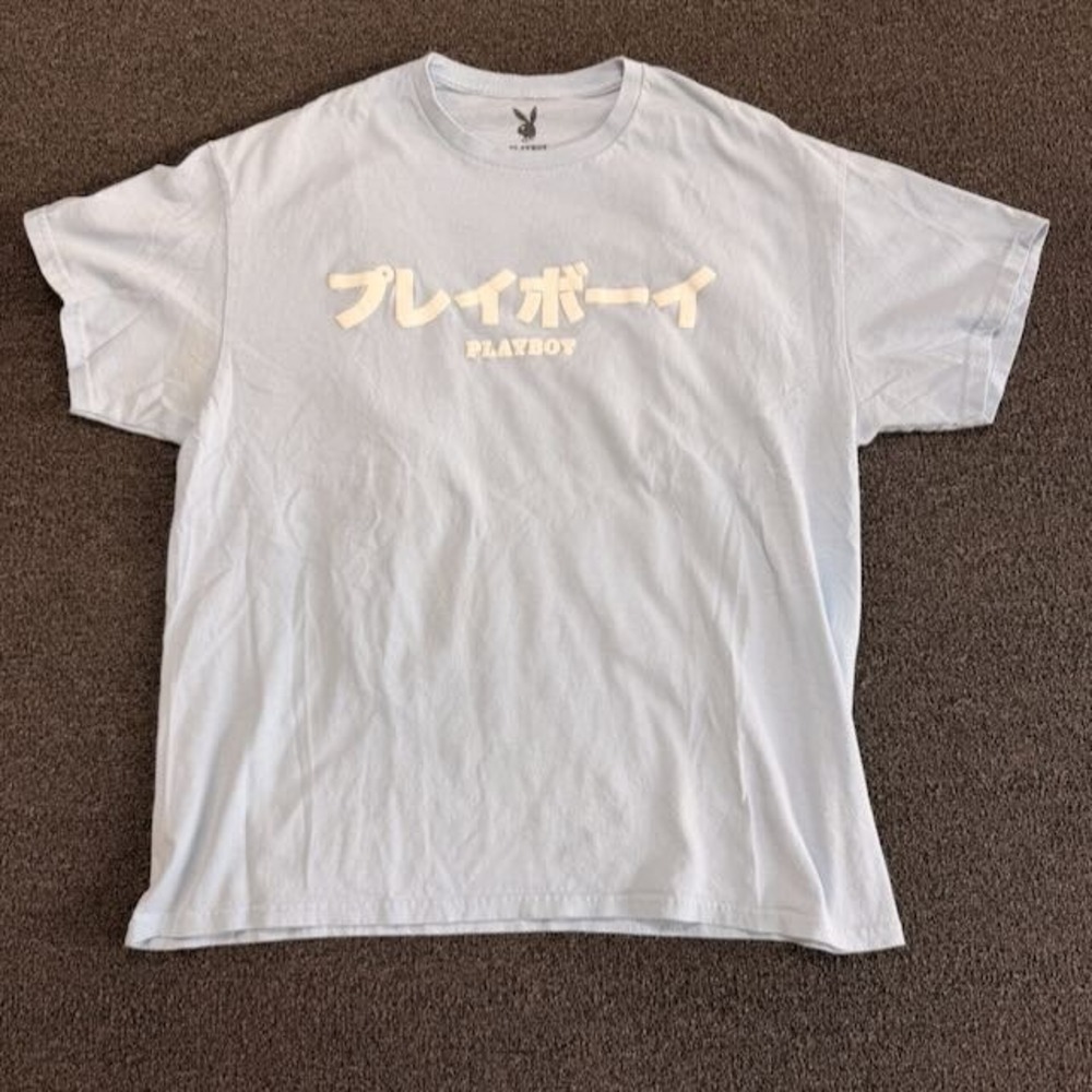 Playboy Mens XL Light Blue Japanese Katakana Puff Print Graphic T-Shirt XL